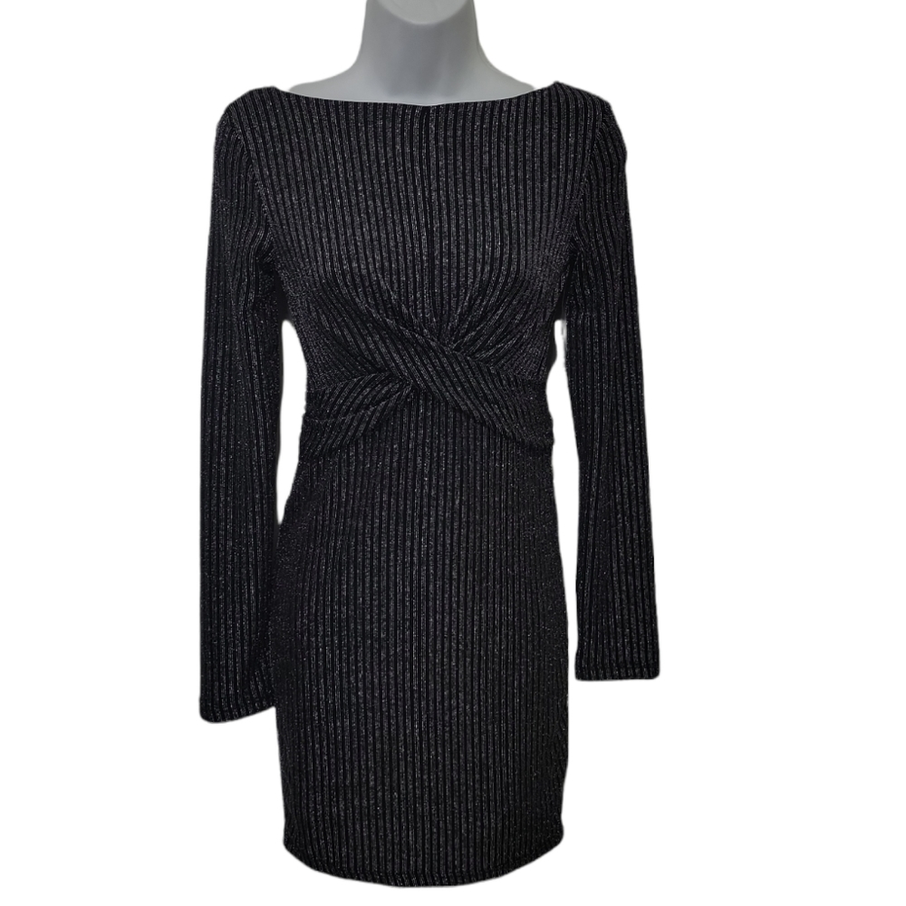 Ardene Ruched Bodycon Open Back Long Sleeve Pinstripe Sparkle Party Dres…